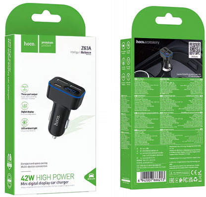 Avtomobilski polnilec HOCO Z63A Display, 42W, 3A, 1 x USB-C - 2 x USB-A, Črn