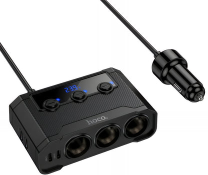 Avtomobilski polnilec HOCO Z64, 15.5W, 3.1A, 2 x USB-A - 2 x USB-C - 3 x Razširitev vžigalnika, Črn