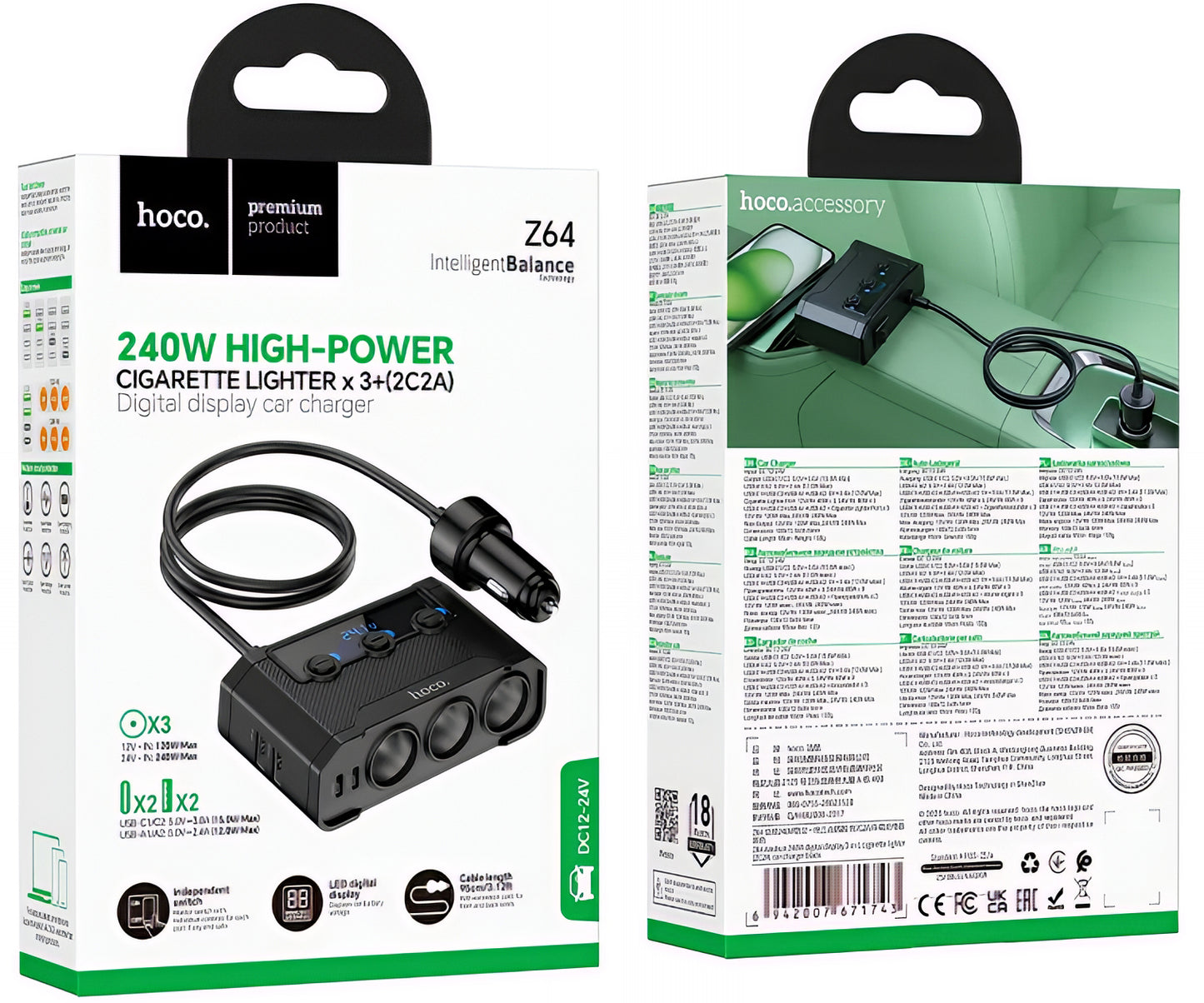 Avtomobilski polnilec HOCO Z64, 15.5W, 3.1A, 2 x USB-A - 2 x USB-C - 3 x Razširitev vžigalnika, Črn