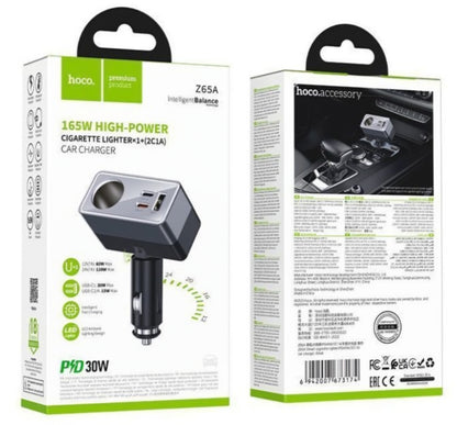 Avto polnilec HOCO Z65A, 165W, 3A, 1 x podaljšek za vžigalnik - 1 x USB-A - 2 x USB-C, črn