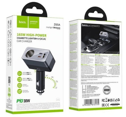 Avto polnilec HOCO Z65A, 165W, 3A, 1 x podaljšek za vžigalnik - 1 x USB-A - 2 x USB-C, črn
