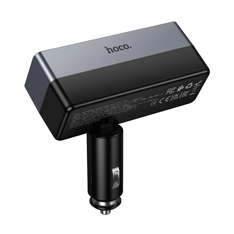 Avto polnilec HOCO Z65B, 240W, 1 x USB-A - 1 x USB-C - 2 x Razširitev vžigalnika, Črn