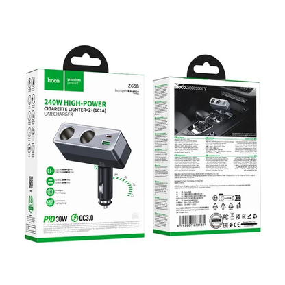 Avto polnilec HOCO Z65B, 240W, 1 x USB-A - 1 x USB-C - 2 x Razširitev vžigalnika, Črn