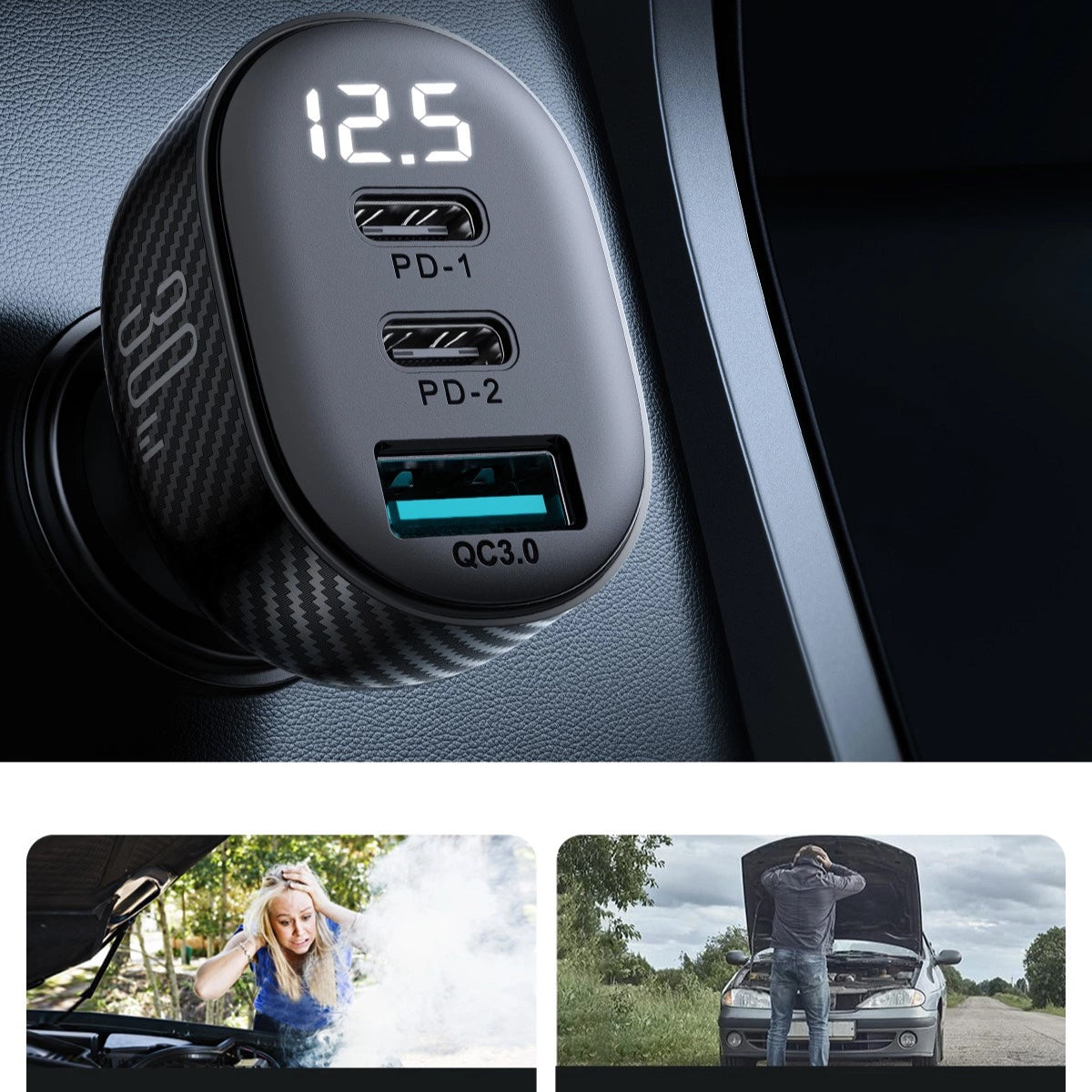 Avtomobilski polnilec Joyroom JR-CCD04, 30W, 3A, 1 x USB-A - 2 x USB-C, Črn