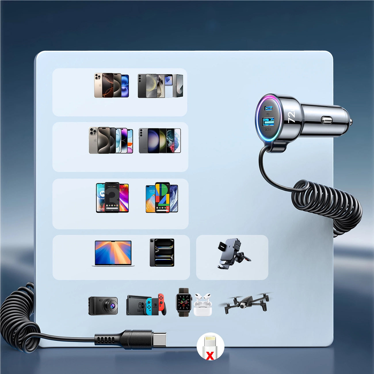 Avtomobilski polnilec z žico USB-C Joyroom JR-CL07, 72W, 3A, 1 x USB-A - 1 x USB-C, črn