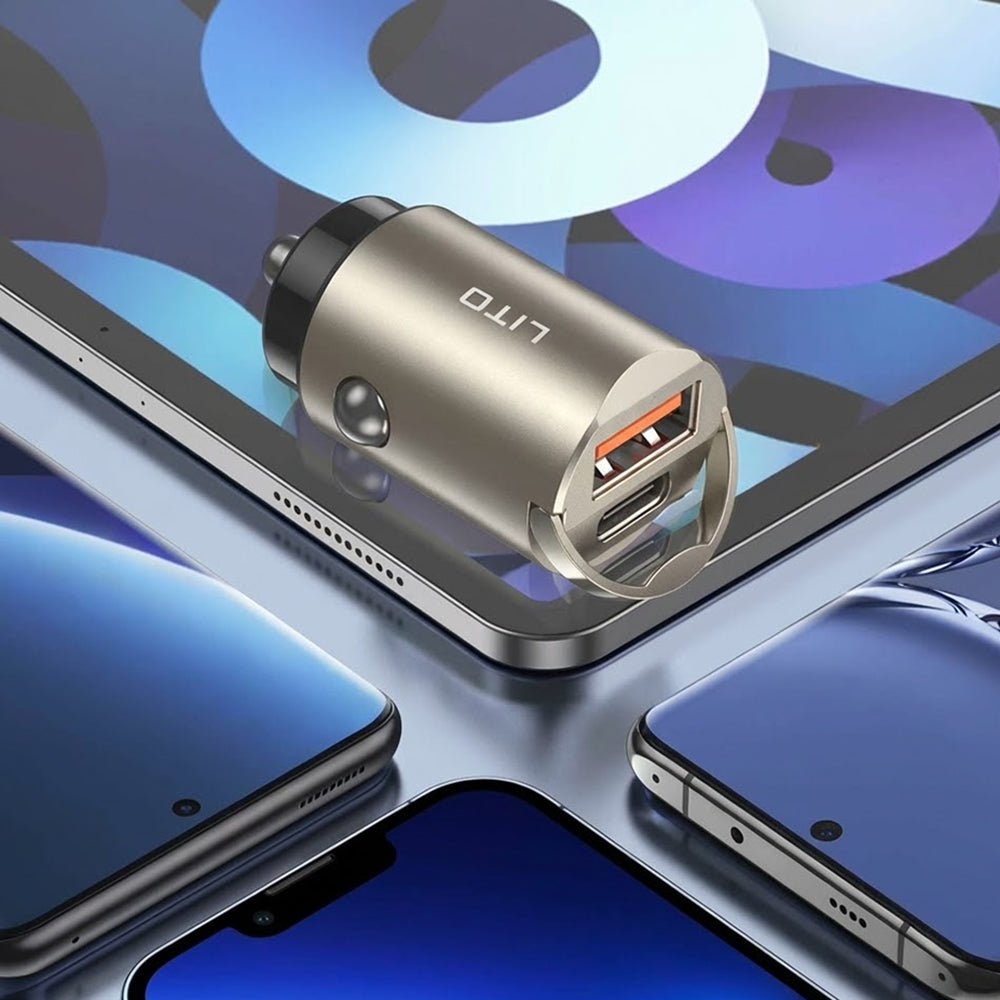 Avtomobilski polnilec Lito IN-C03, 30W, 3A, 1 x USB-A - 1 x USB-C, Siv