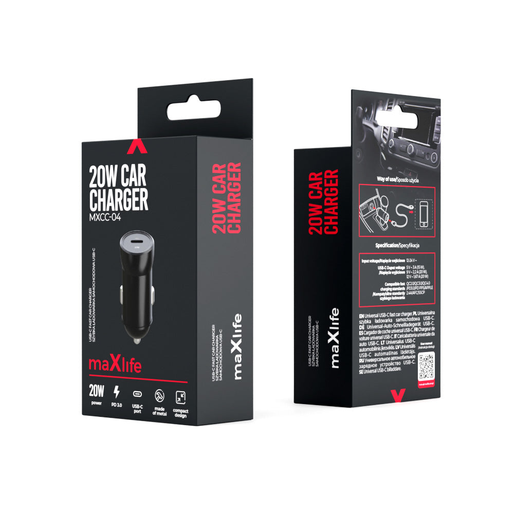 Avtomobilski polnilec MaXlife MXCC-04, 20W, 3A, 1 x USB-C, Črn