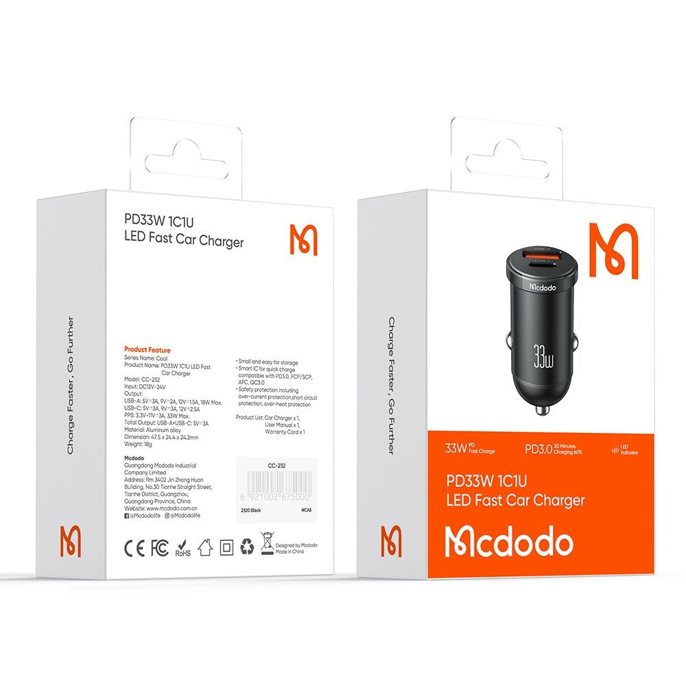 Avtomobilski polnilec McDodo CC-2320 Cool, 33W, 3A, 1 x USB-A - 1 x USB-C, črn