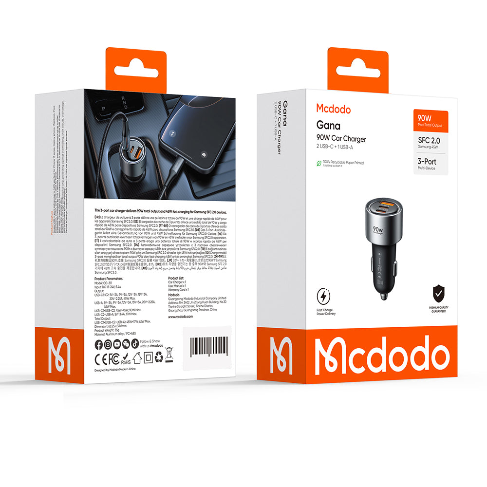 McDodo CC-3110 Gana Car Charger, 90W, 3A, 1 x USB-A - 2 x USB-C, Black