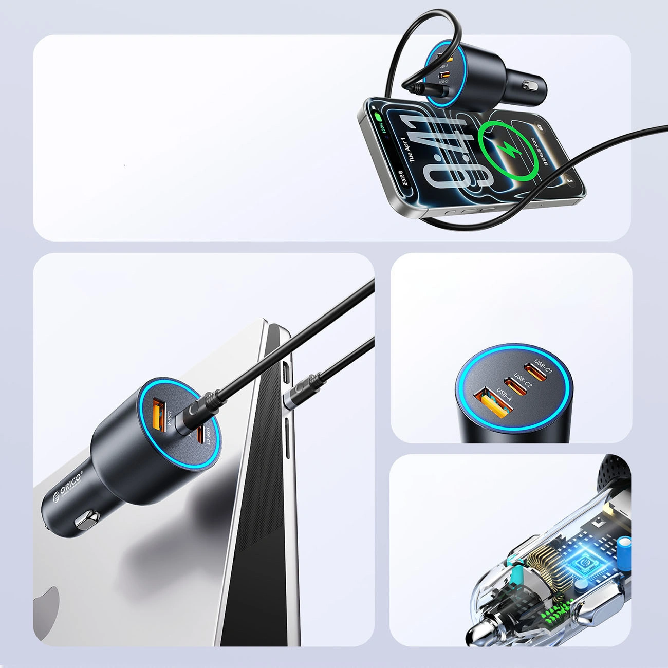 Avto polnilec Orico HyperDrive, 165W, 5A, 1 x USB-A - 2 x USB-C, Črn