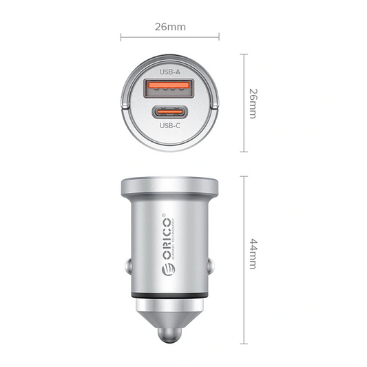 Avto polnilec Orico MiniRing Pro, 45W, 3A, 1 x USB-A - 1 x USB-C, Srebrn