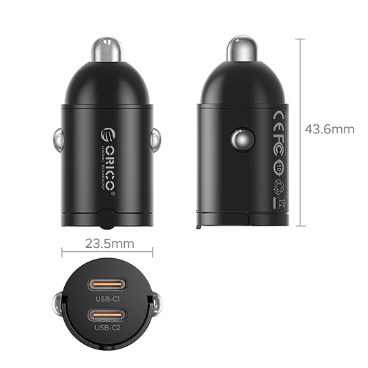 Avto polnilec Orico MiniRing, 30W, 3A, 2 x USB-C, Črn