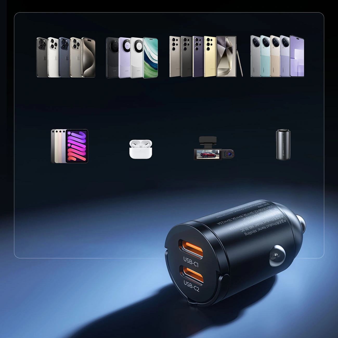 Avto polnilec Orico MiniRing, 30W, 3A, 2 x USB-C, Črn