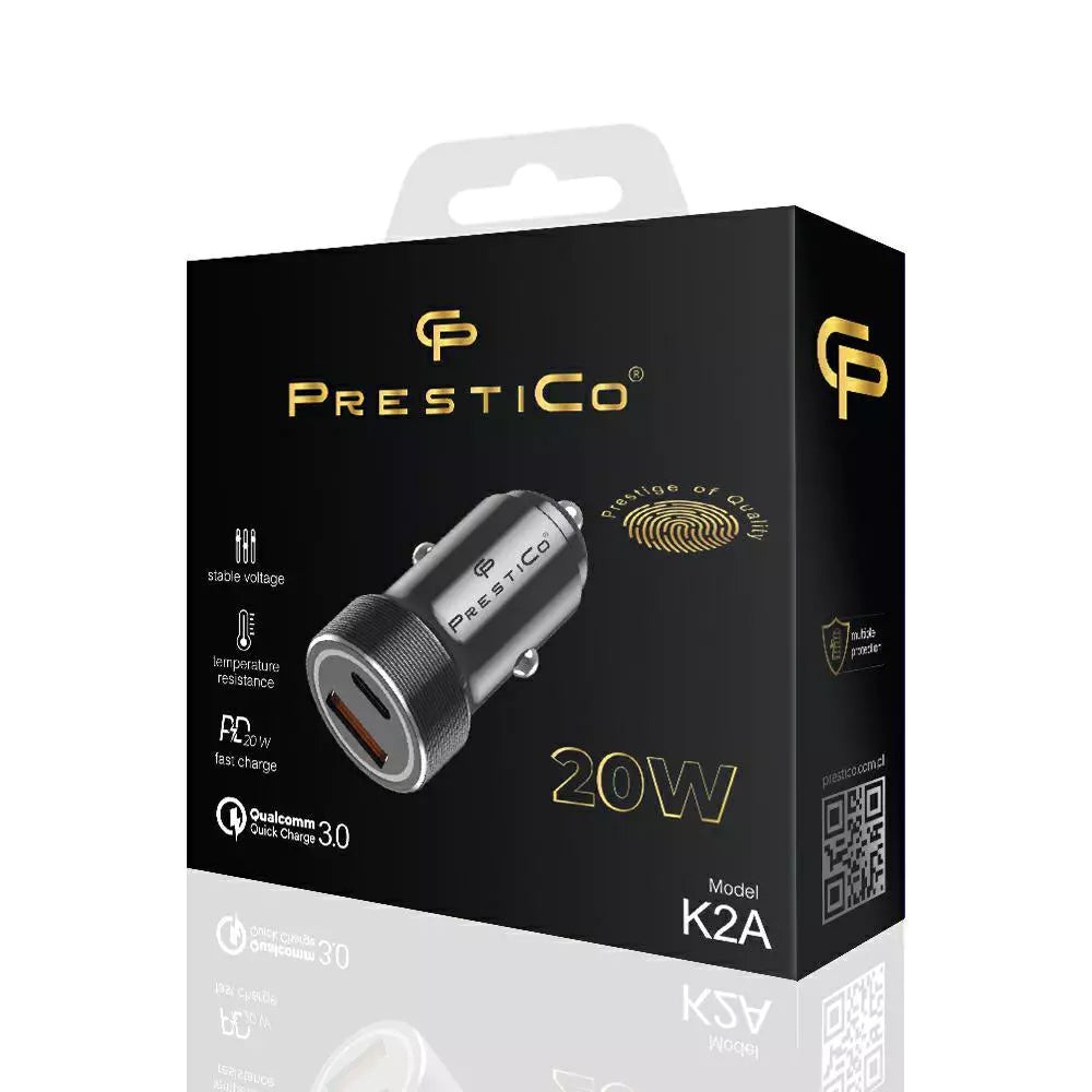 Avtomobilski polnilec Prestico K2A, 20W, 3A, 1 x USB-A - 1 x USB-C, Črn