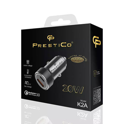 Avtomobilski polnilec Prestico K2A, 20W, 3A, 1 x USB-A - 1 x USB-C, Črn