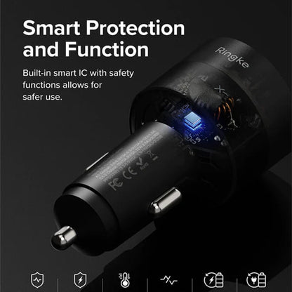 Avtomobilski polnilec Ringke, 30W, 3A, 1 x USB-A - 2 x USB-C, črn