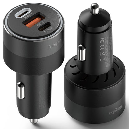 Avtomobilski polnilec Ringke, 30W, 3A, 1 x USB-A - 2 x USB-C, črn