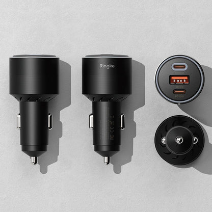 Avtomobilski polnilec Ringke, 30W, 3A, 1 x USB-A - 2 x USB-C, črn