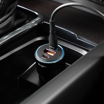 Avtomobilski polnilec Ringke, 30W, 3A, 1 x USB-A - 2 x USB-C, črn