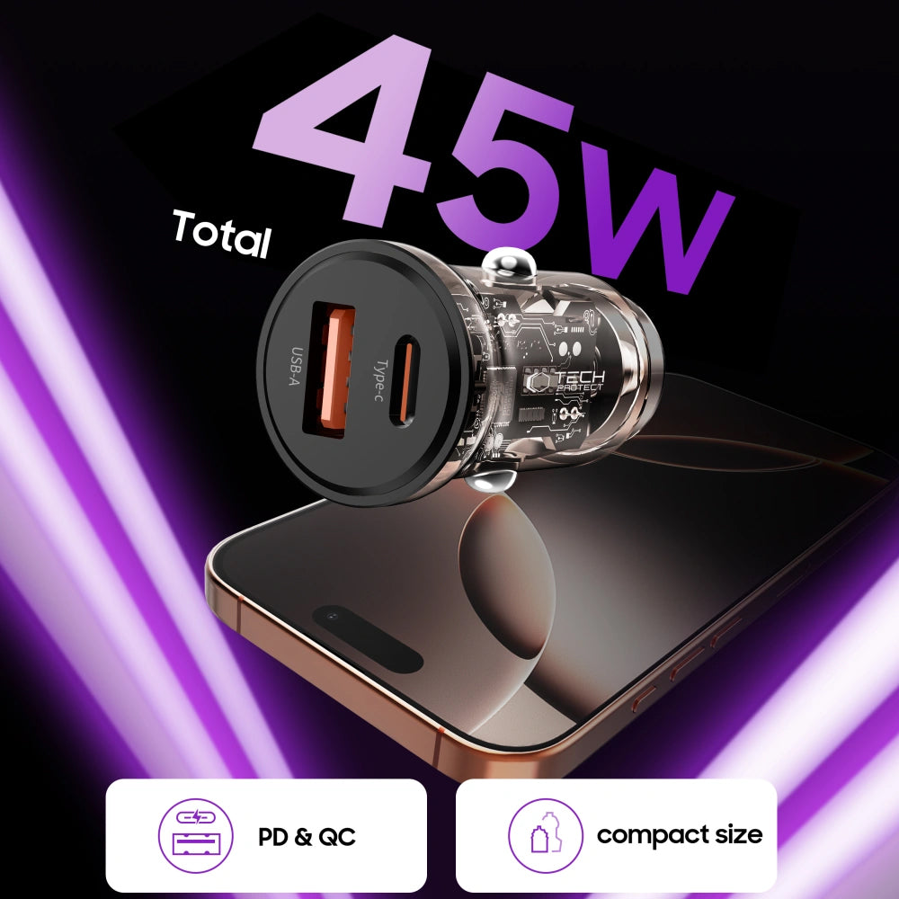 Avto polnilec Tech-Protect CC01, 45W, 5A, 1 x USB-A - 1 x USB-C, Črn