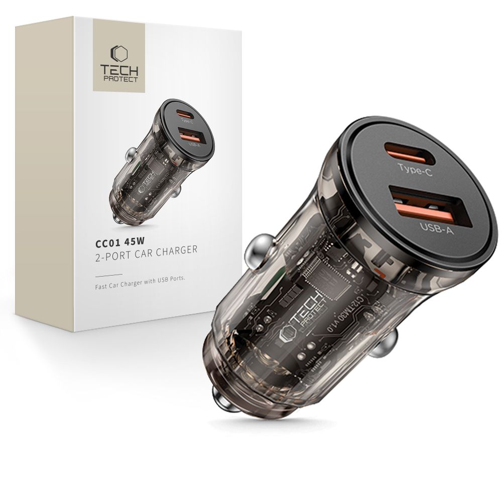 Avto polnilec Tech-Protect CC01, 45W, 5A, 1 x USB-A - 1 x USB-C, Črn