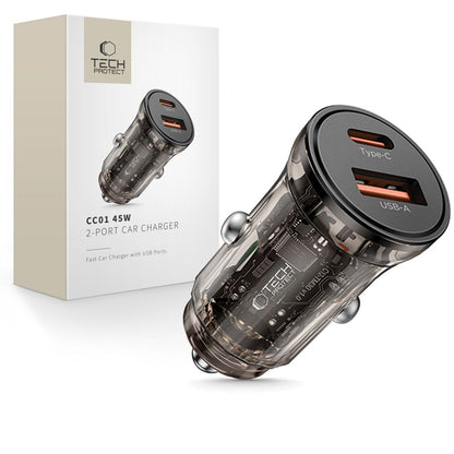 Avto polnilec Tech-Protect CC01, 45W, 5A, 1 x USB-A - 1 x USB-C, Črn