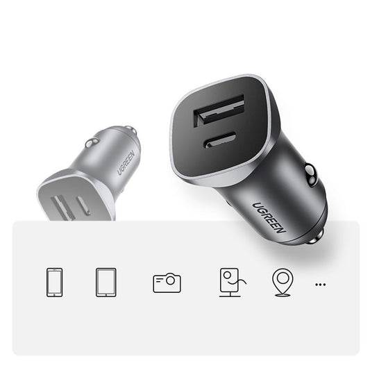 Avtomobilski polnilec UGREEN CD130, 24W, 3A, 1 x USB-A - 1 x USB-C, Siv