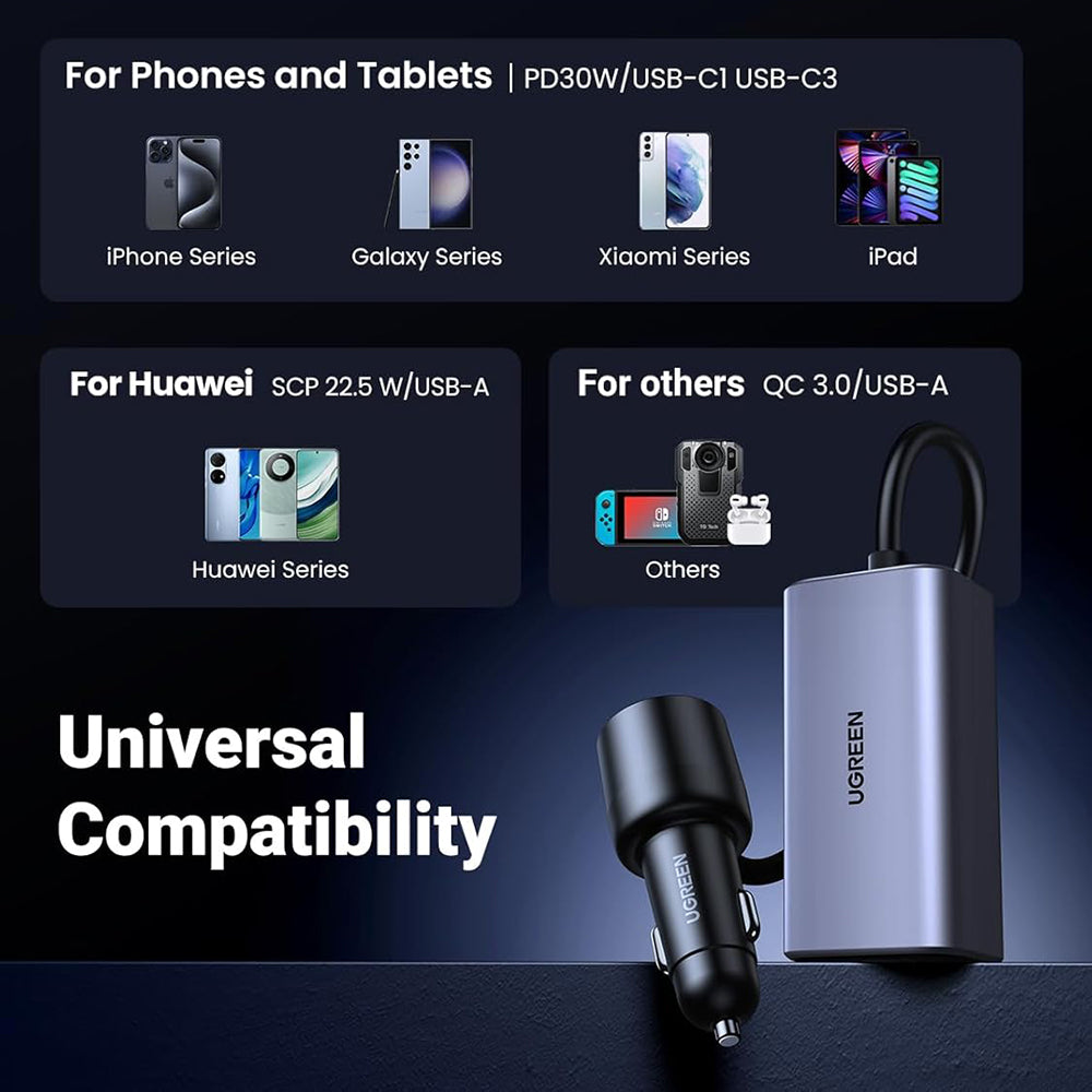 Avtomobilski polnilec UGREEN EC706, 150W, 5A, 1 x USB-A - 3 x USB-C, Črn