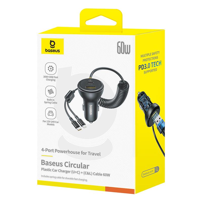 Avtomobilski polnilec z USB-C / Lightning kablom Baseus Circular, 60W, 3A, 1 x USB-A - 1 x USB-C, Črn C00035902121-00