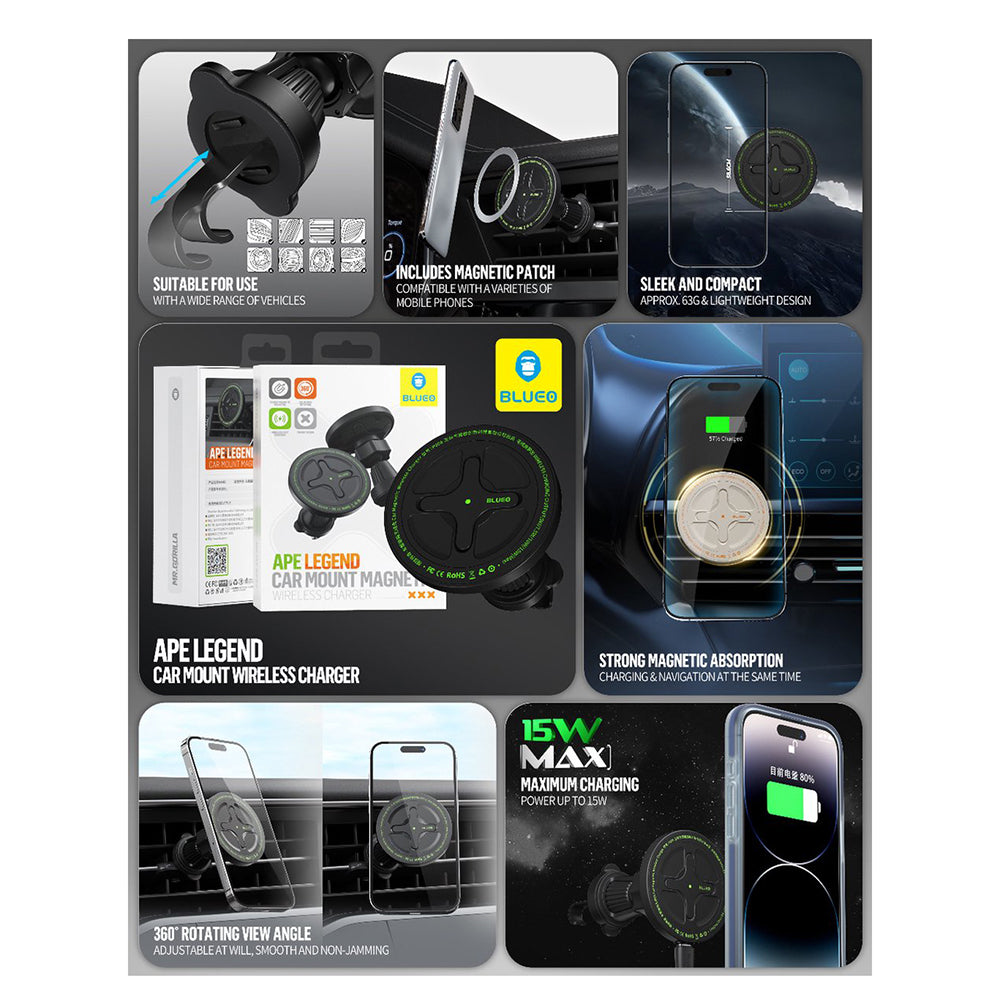 Brezžični avtomobilski polnilec Blueo Ape Legend, 15W, 1.67A, črn