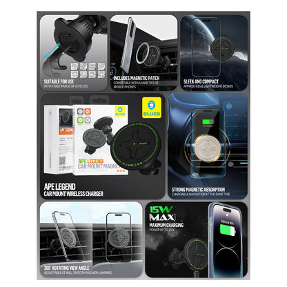 Brezžični avtomobilski polnilec Blueo Ape Legend, 15W, 1.67A, črn