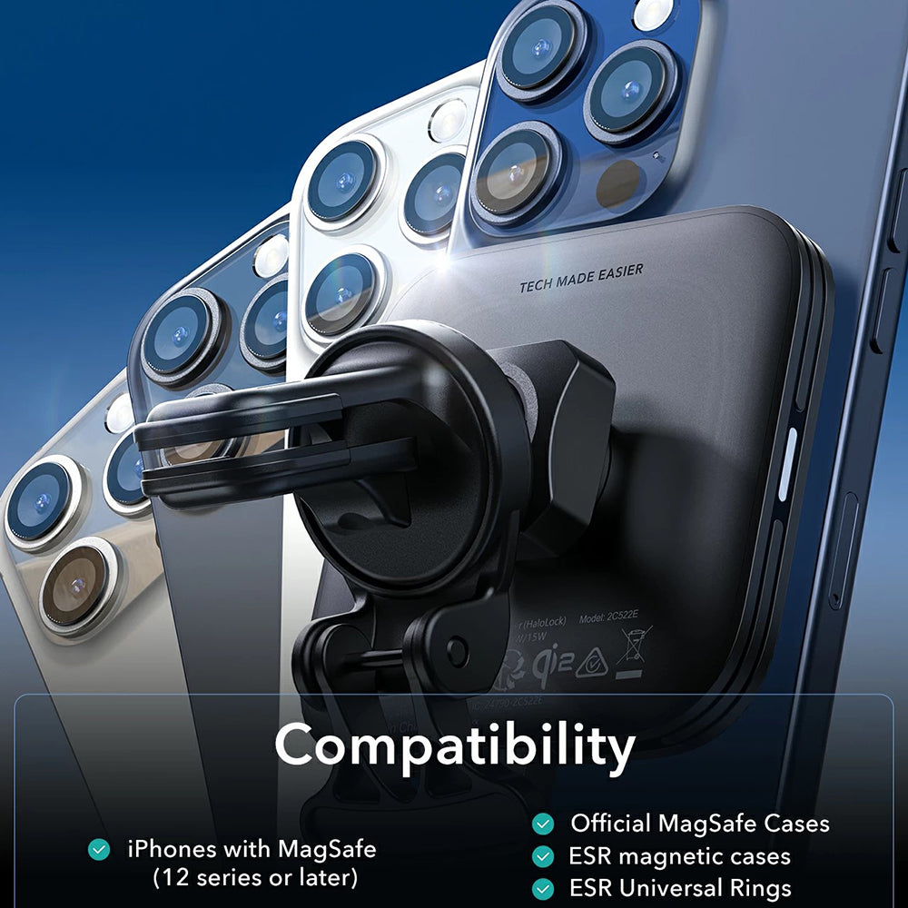 Brezžični avtomobilski polnilec ESR HaloLock Vent, 15W, 1.67A, črn