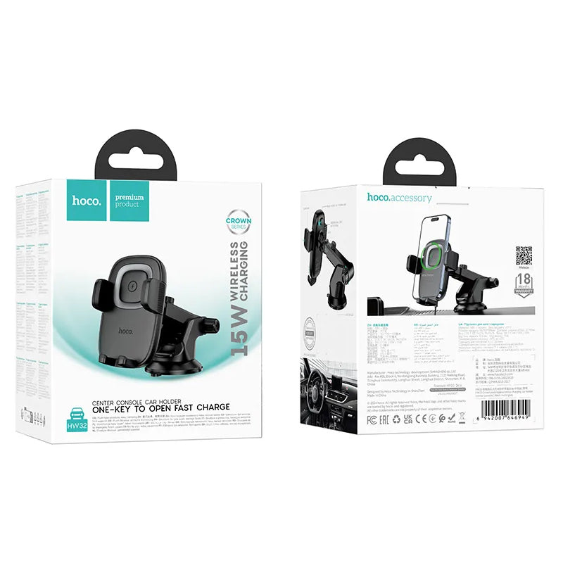 HOCO HW32 Wireless Car Charger, 15W, 1.67A, Black