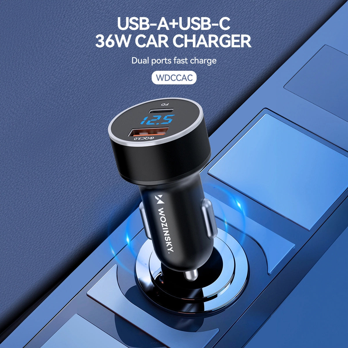 Car Charger WZK WDCCAC, 36W, 3A, 1 x USB-A - 1 x USB-C, Black 
