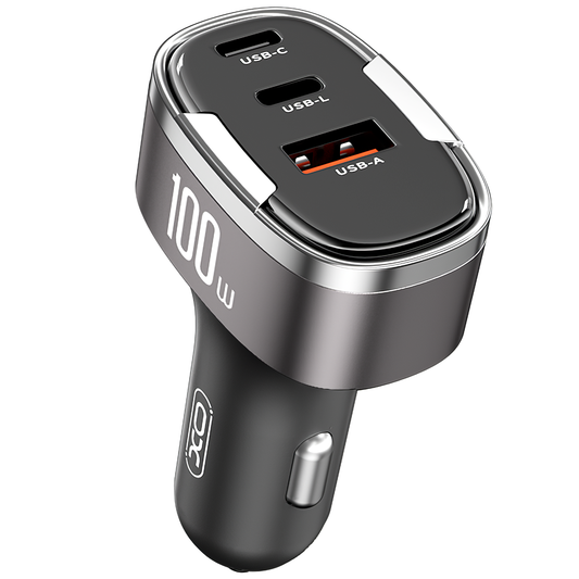 Avtomobilski polnilec XO Design CC61, 100W, 3A, 1 x Lightning - 1 x USB-A - 1 x USB-C, Siv