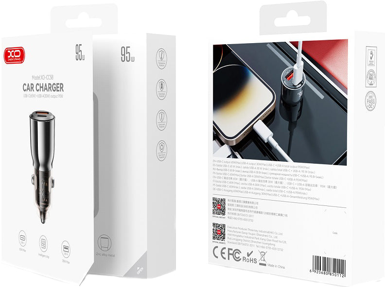 Avtomobilski polnilec XO Design CC58, 95W, 3.25A, 1 x USB-A - 1 x USB-C, črn