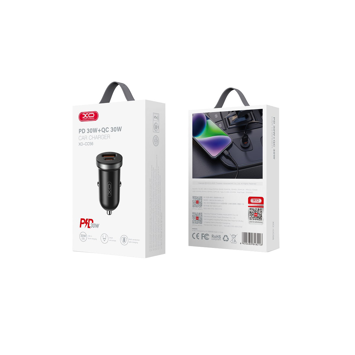 Avtomobilski polnilec XO Design CC56, 30W, 3A, 1 x USB-A - 1 x USB-C, Črn