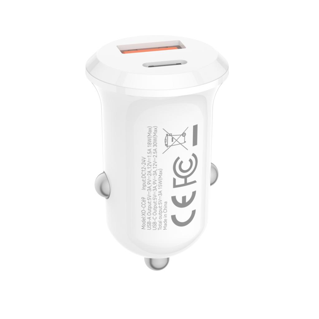 Avtomobilski polnilec XO Design CC69, 30W, 3A, 1 x USB-A - 1 x USB-C, Bel