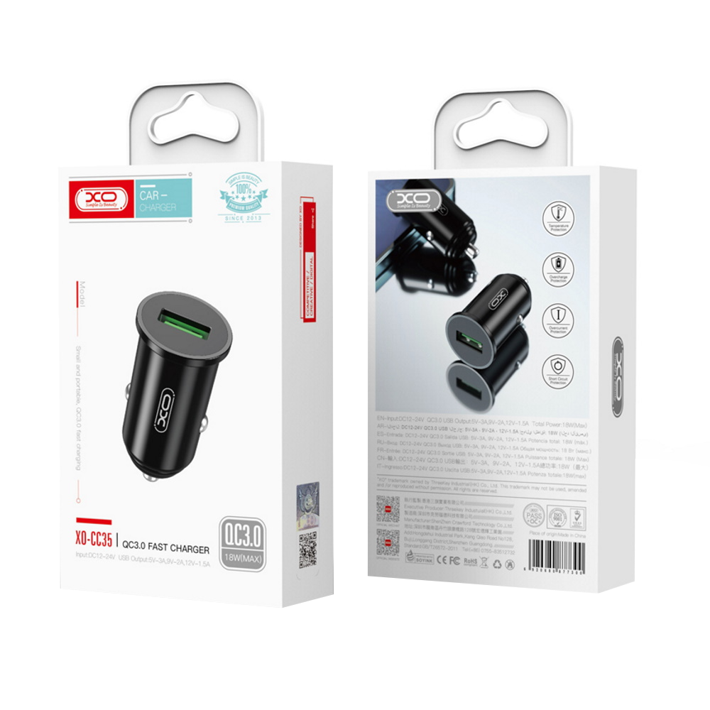 Avtomobilski polnilec XO Design CC35, 18W, 3A, 1 x USB-A, Črn