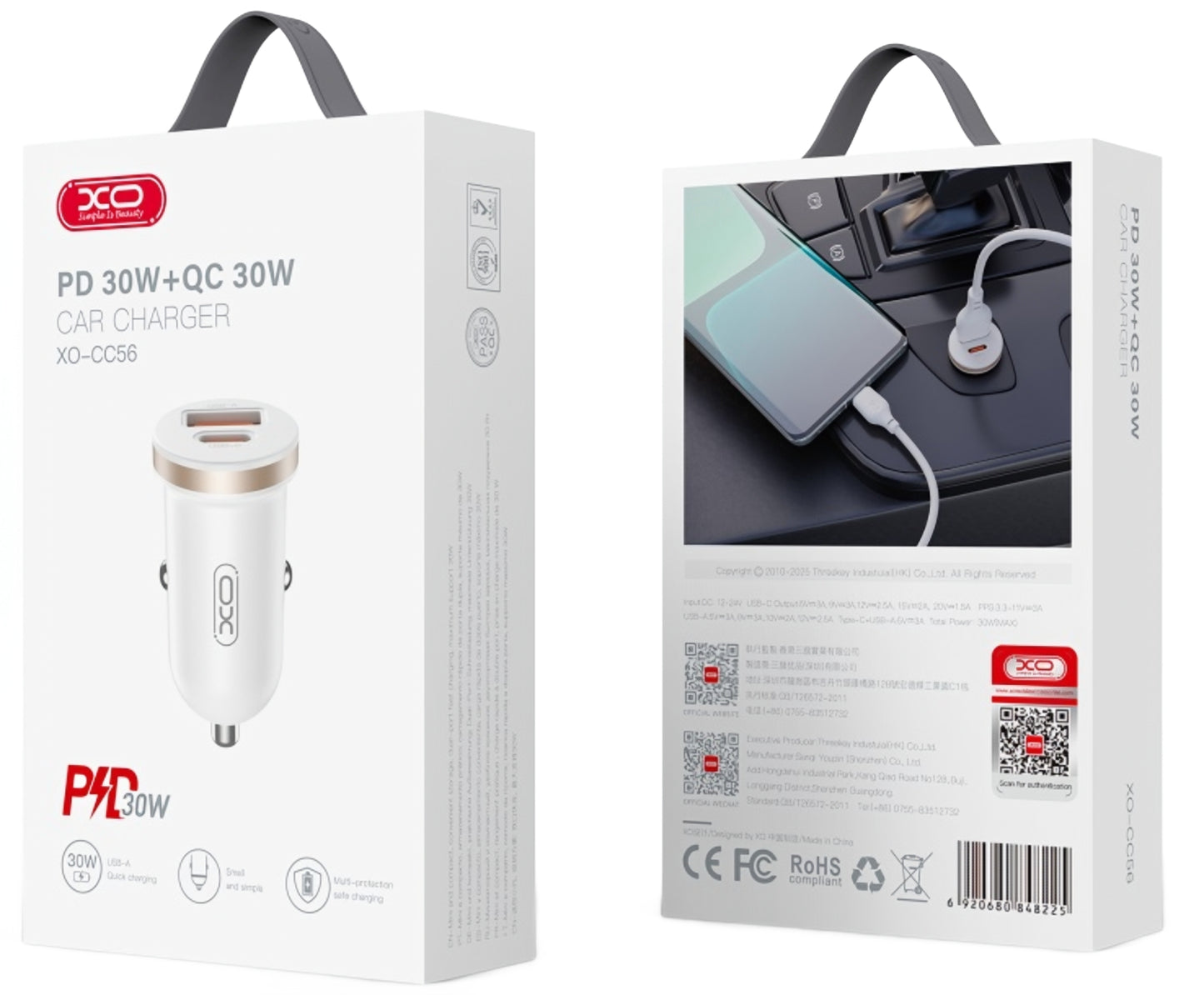 Avtomobilski polnilec XO Design CC56, 30W, 3A, 1 x USB-A - 1 x USB-C, Bel