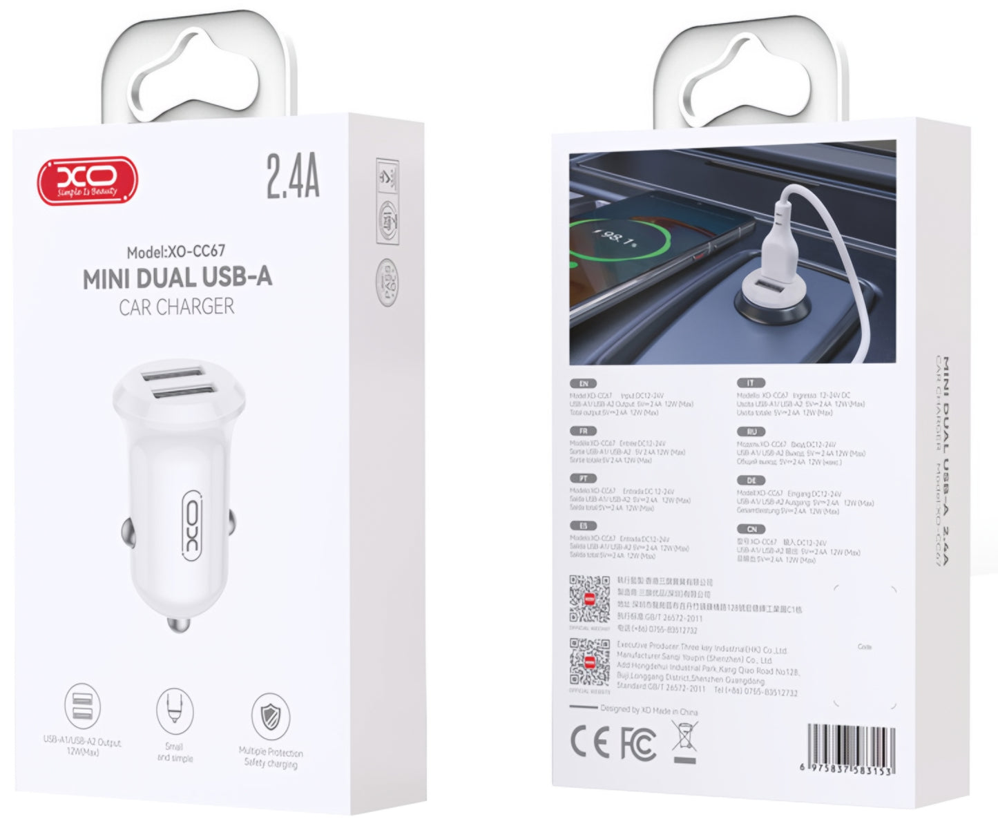 Avtomobilski polnilec XO Design CC67, 12W, 2.4A, 2 x USB-A, Bel