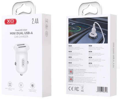 Avtomobilski polnilec XO Design CC67, 12W, 2.4A, 2 x USB-A, Bel