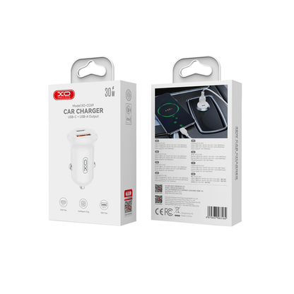 Avtomobilski polnilec XO Design CC69, 30W, 3A, 1 x USB-A - 1 x USB-C, Bel