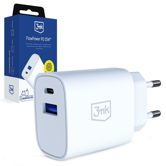 Omrežni polnilec 3MK FlowPower, 25W, 1 x USB-A - 1 x USB-C, bel