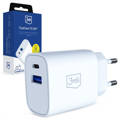 Omrežni polnilec 3MK FlowPower, 30W, 1 x USB-A - 1 x USB-C, bel