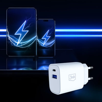 Omrežni polnilec 3MK FlowPower, 30W, 1 x USB-A - 1 x USB-C, bel