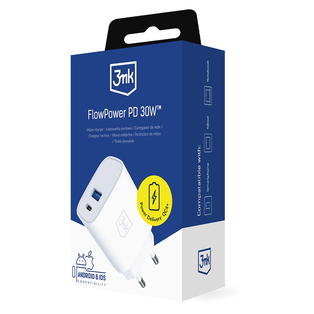 Omrežni polnilec 3MK FlowPower, 30W, 1 x USB-A - 1 x USB-C, bel