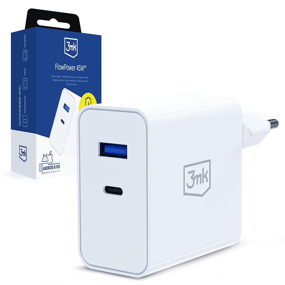Omrežni polnilec 3MK FlowPower, 45W, 1 x USB-A - 1 x USB-C, bel