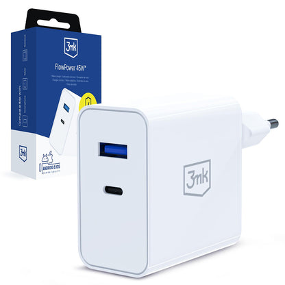 Omrežni polnilec 3MK FlowPower, 45W, 1 x USB-A - 1 x USB-C, bel