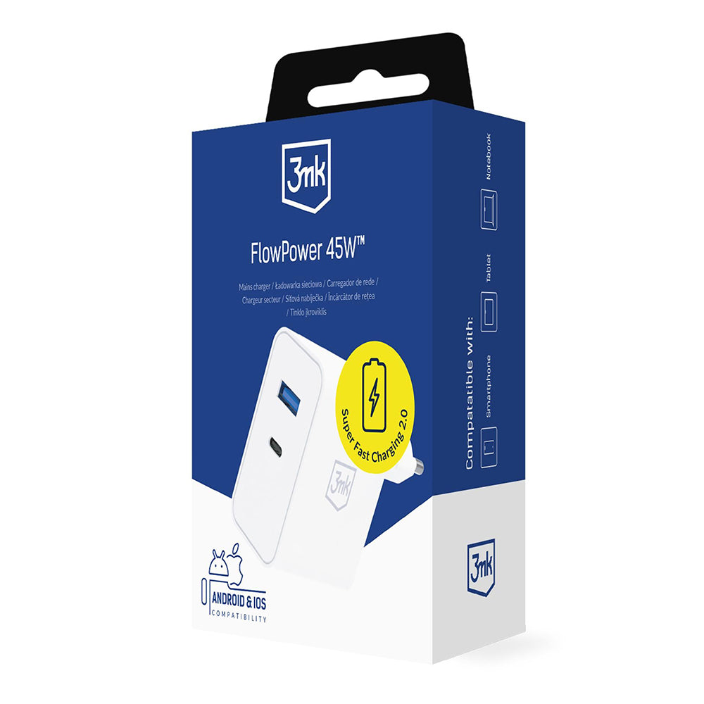 Omrežni polnilec 3MK FlowPower, 45W, 1 x USB-A - 1 x USB-C, bel